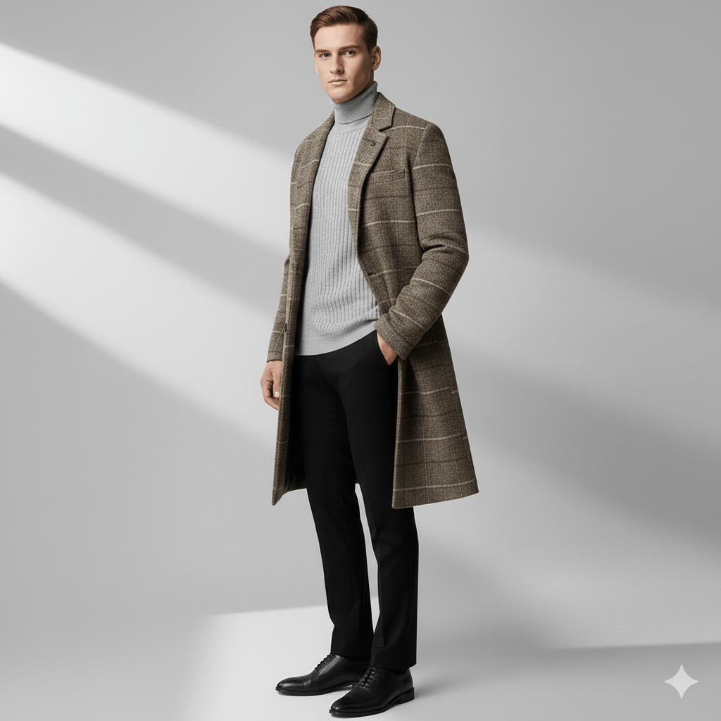 Asher Men’s Wool Coat – Windowpane Overcoat with Structured Mid-Length Design