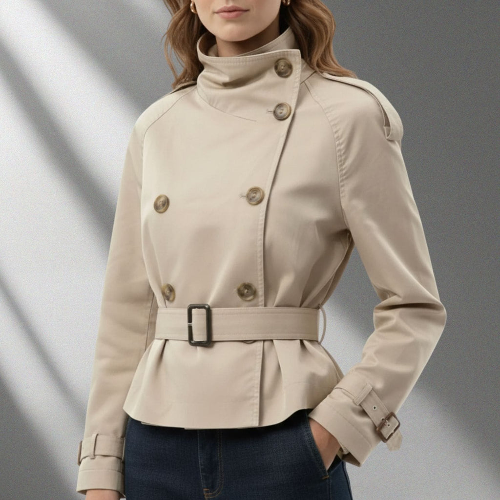 Khadija Women’s Trench Coat – High-Neck Belted Cotton Cropped Jacket