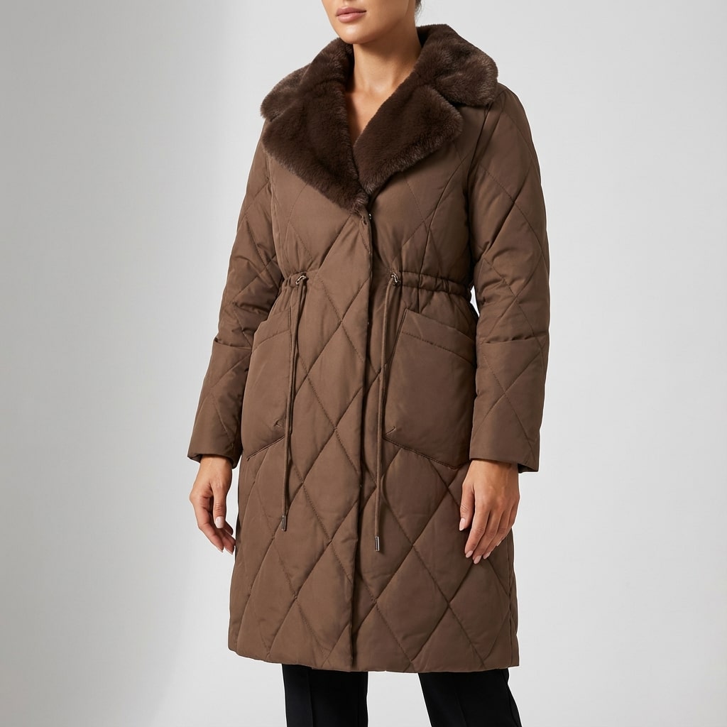 Paula Women's Winter Coat – Quilted Long Coat with Fur Collar & Adjustable Waist