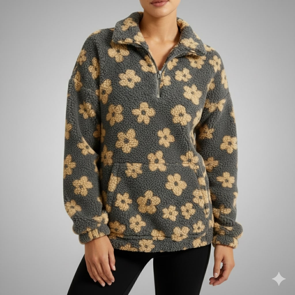 Dahlia Women's Fleece Pullover – Floral Soft Half-Zip Oversized Winter Pullover