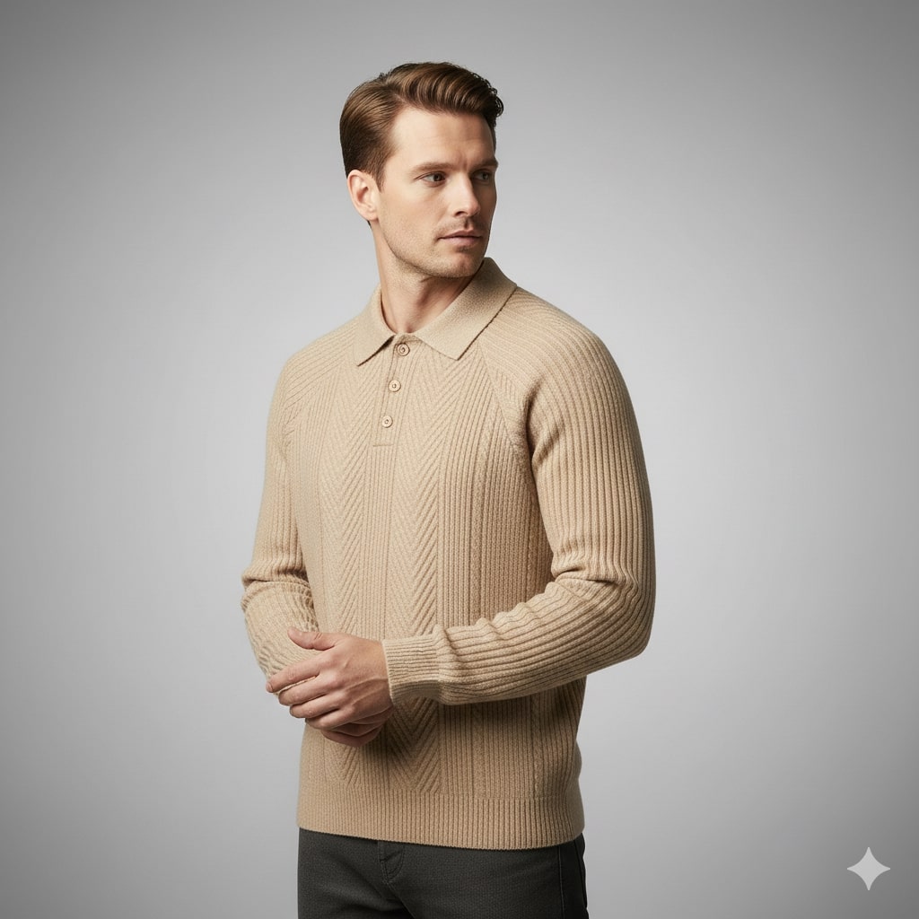 Ismael Men’s Knit Polo Sweater – Herringbone Texture with Structured Collar Pullover