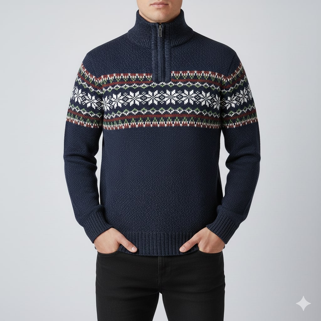 Victor Men's Christmas Sweater – Wool-Blend Knit Quarter-Zip Sweater with Seasonal Pattern