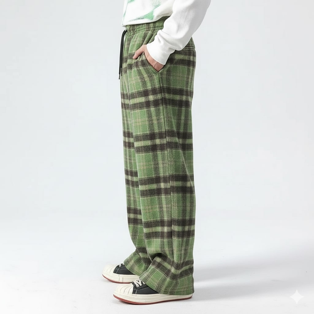 Youssef Men’s Sweatpants – Plaid Soft Brushed Cotton Wide-Leg Trousers