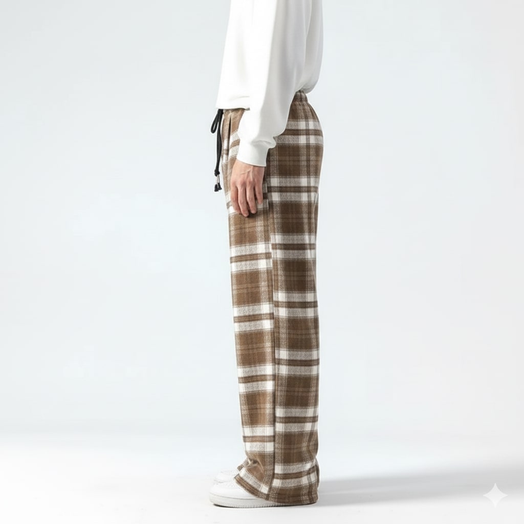 Youssef Men’s Sweatpants – Plaid Soft Brushed Cotton Wide-Leg Trousers