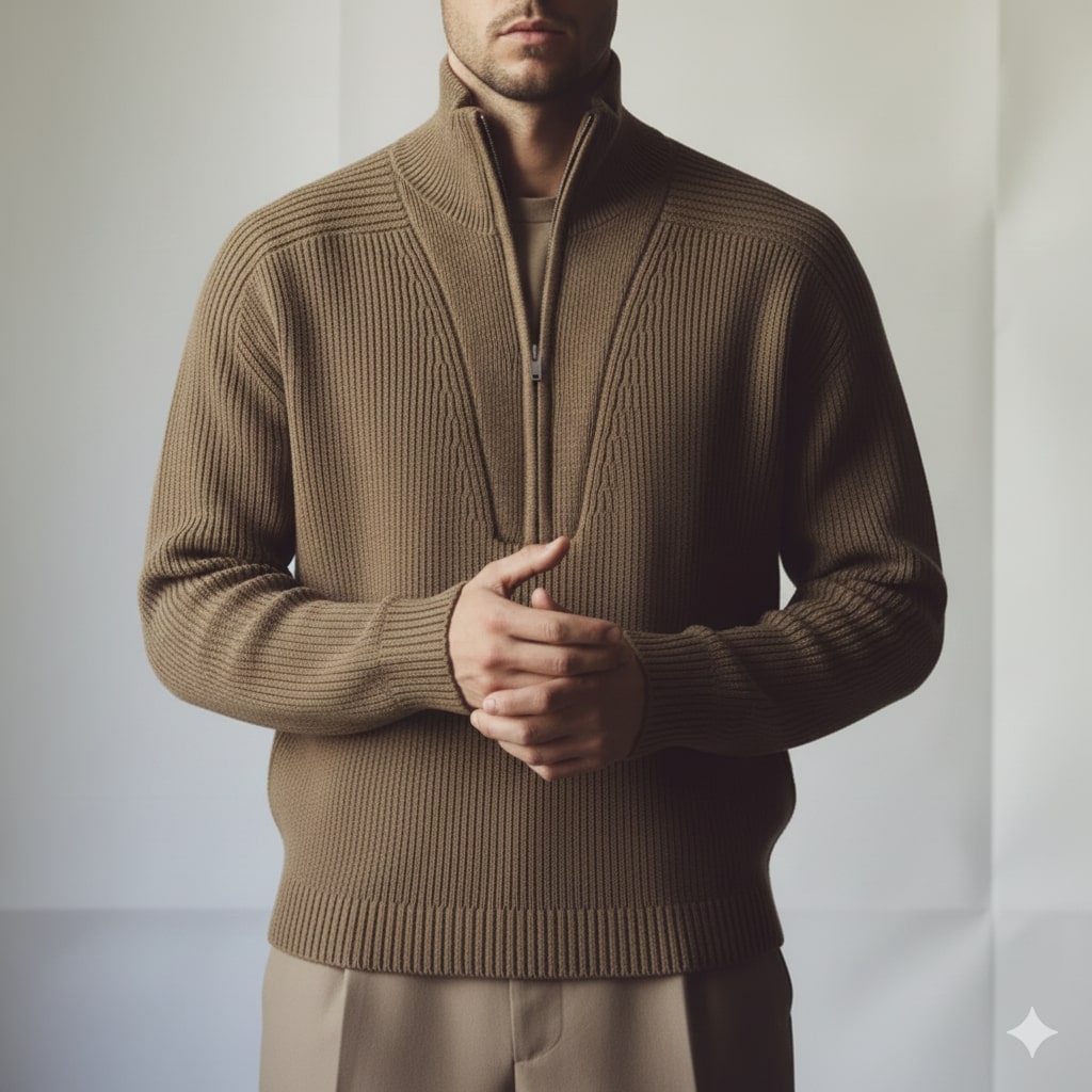 Rami Men’s Knitted Sweater – Half Zip Stand-Collar Pullover with Vintage Texture