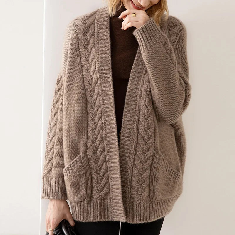 Isabella Women’s Cable Knit Cardigan – Chunky Cotton Knit with Oversized Relaxed Fit