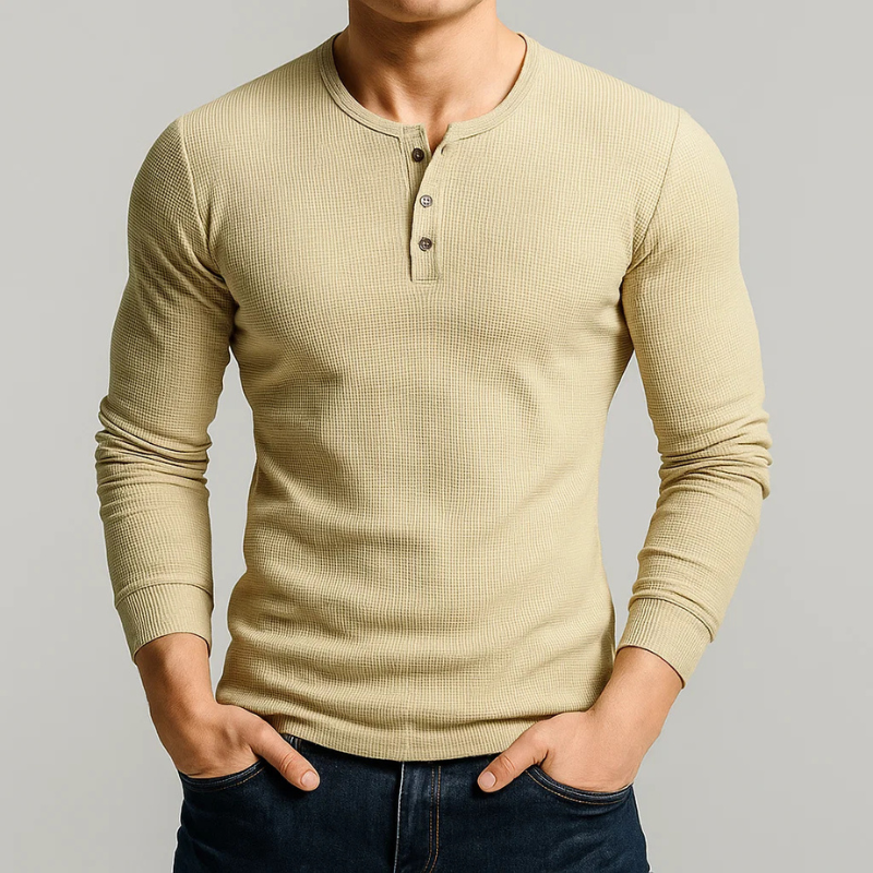 Mikhail Men’s Textured Long Sleeve Pullover – Waffle Knit Henley Pullover