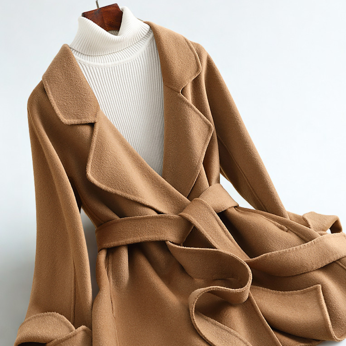 Oksana Women’s Wool Blend Coat – Wide Lapel Collar with Belted Silhouette