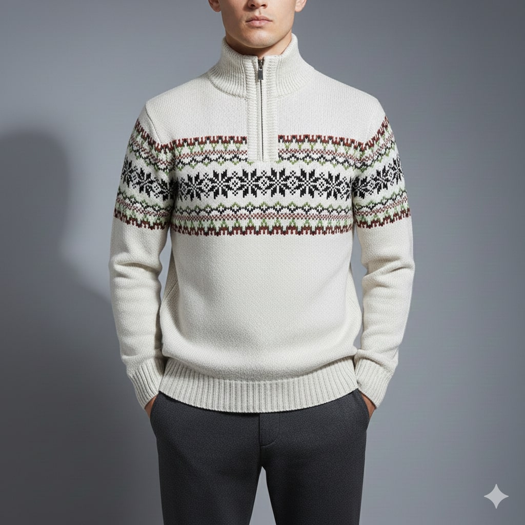 Victor Men's Christmas Sweater – Wool-Blend Knit Quarter-Zip Sweater with Seasonal Pattern