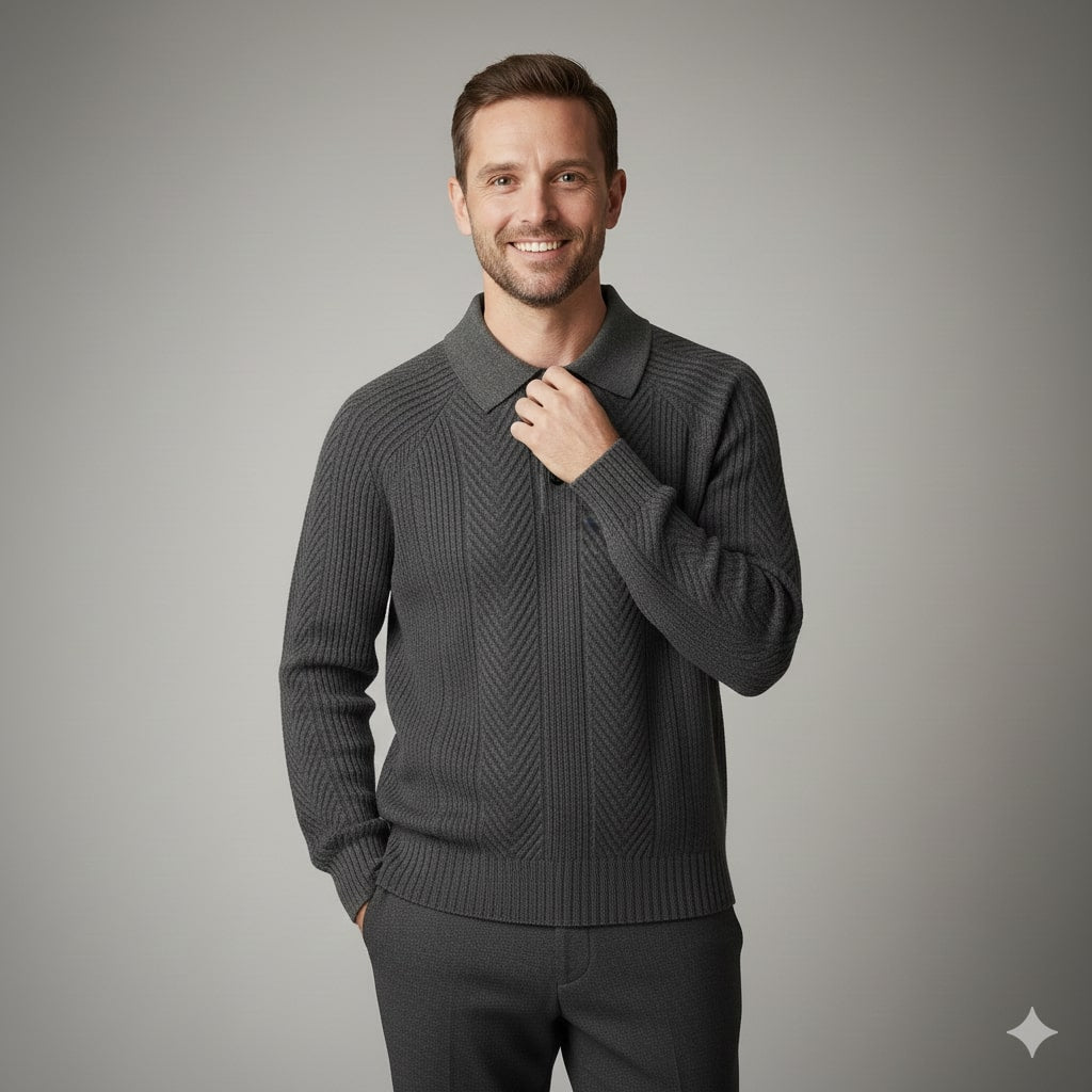 Ismael Men’s Knit Polo Sweater – Herringbone Texture with Structured Collar Pullover