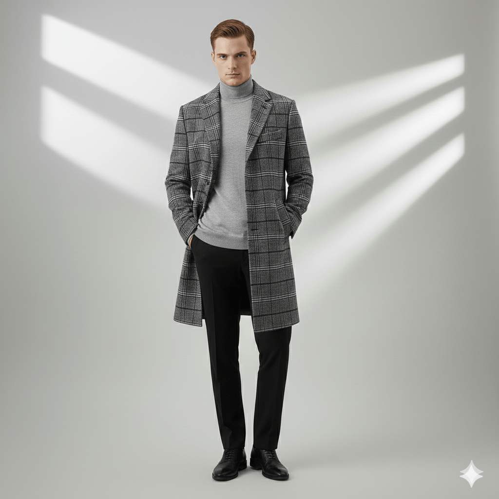 Asher Men’s Wool Coat – Windowpane Overcoat with Structured Mid-Length Design