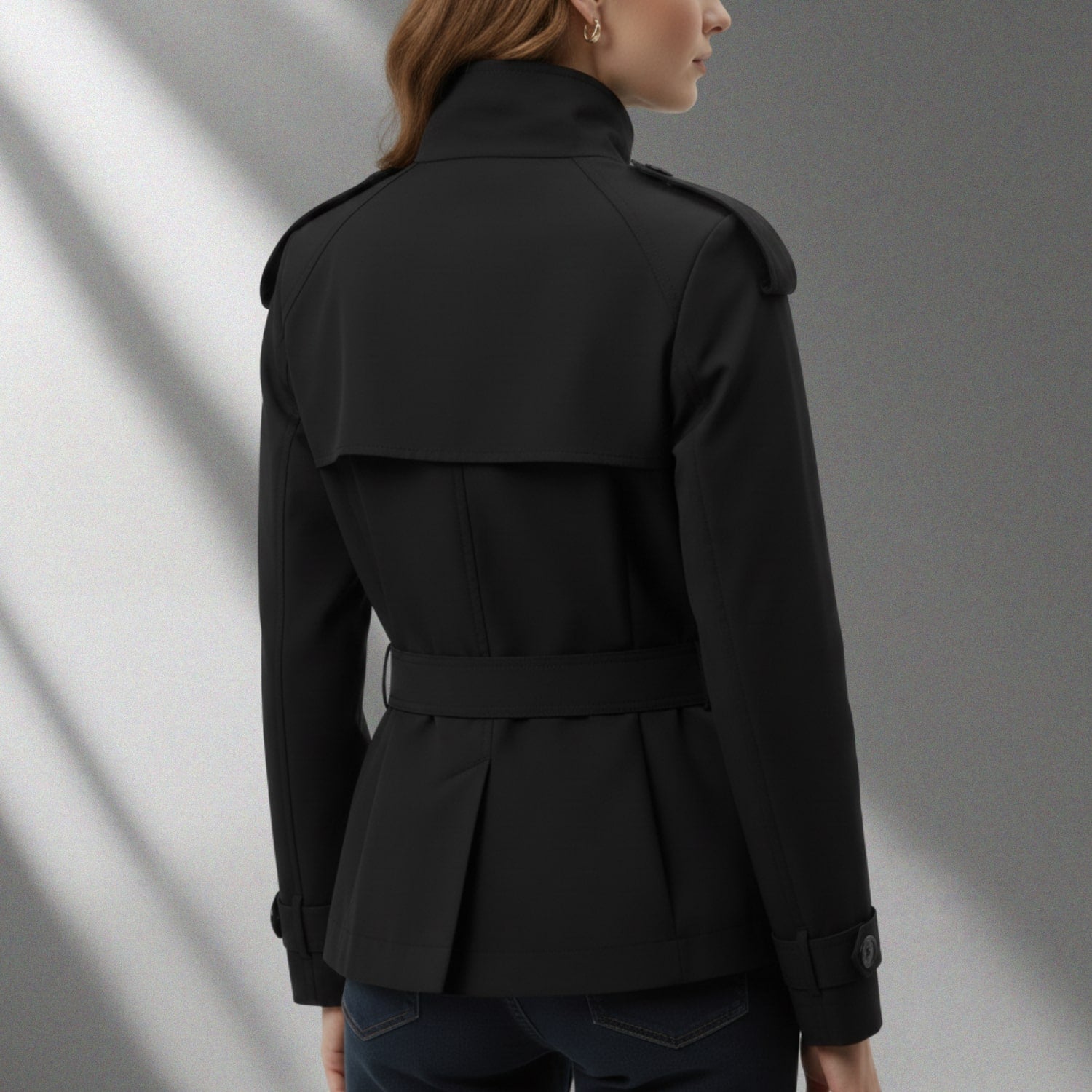 Khadija Women’s Trench Coat – High-Neck Belted Cotton Cropped Jacket