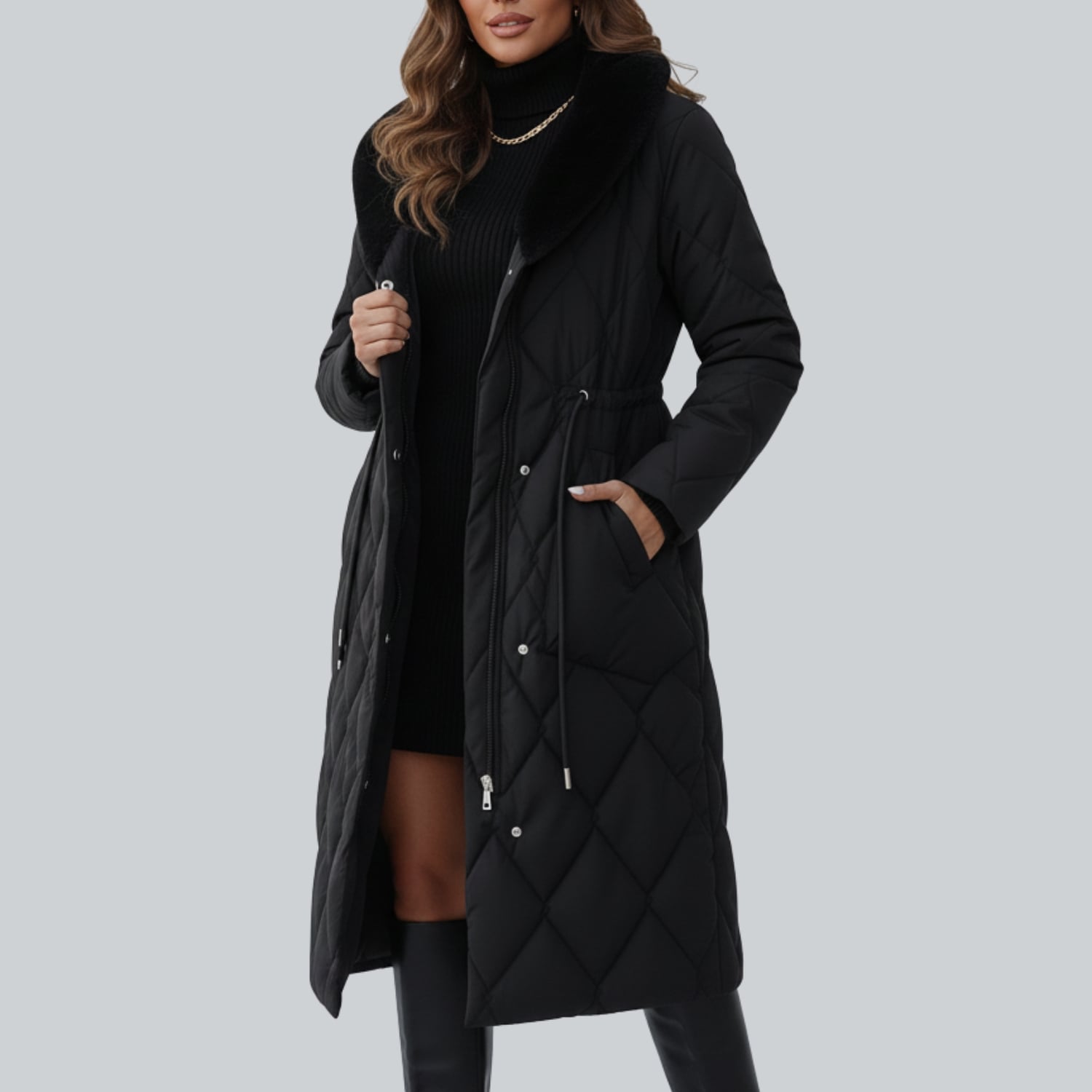 Paula Women's Winter Coat – Quilted Long Coat with Fur Collar & Adjustable Waist