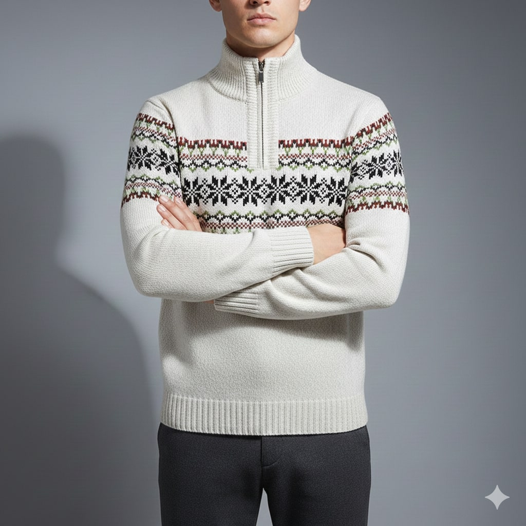 Victor Men's Christmas Sweater – Wool-Blend Knit Quarter-Zip Sweater with Seasonal Pattern