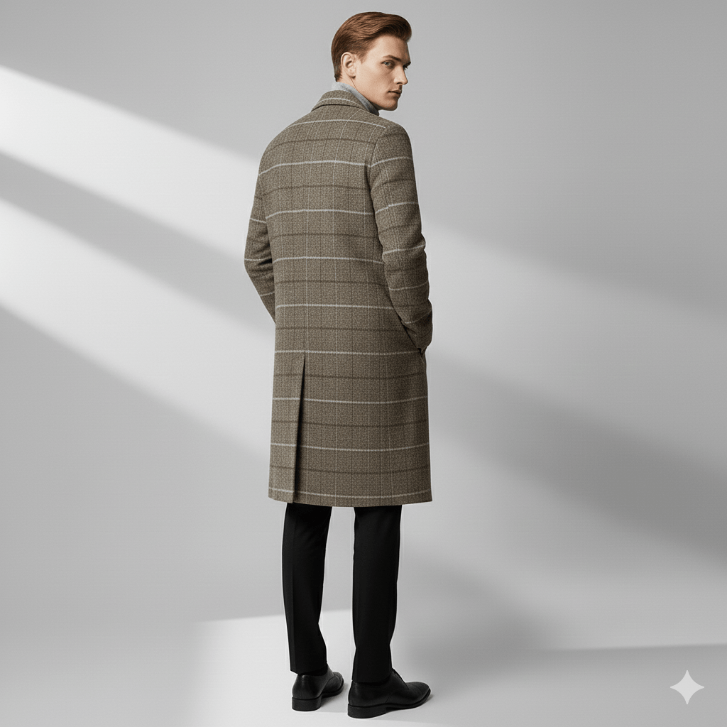 Asher Men’s Wool Coat – Windowpane Overcoat with Structured Mid-Length Design