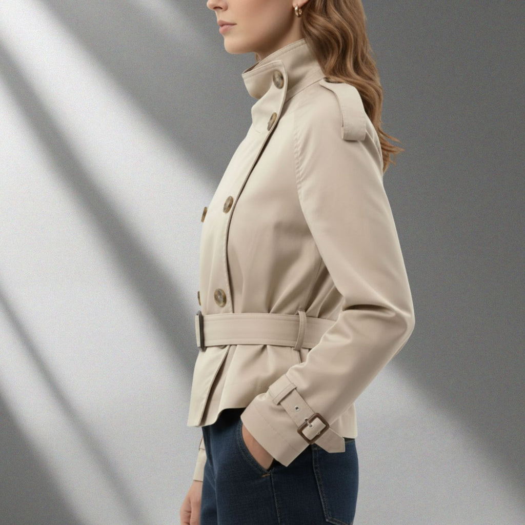Khadija Women’s Trench Coat – High-Neck Belted Cotton Cropped Jacket