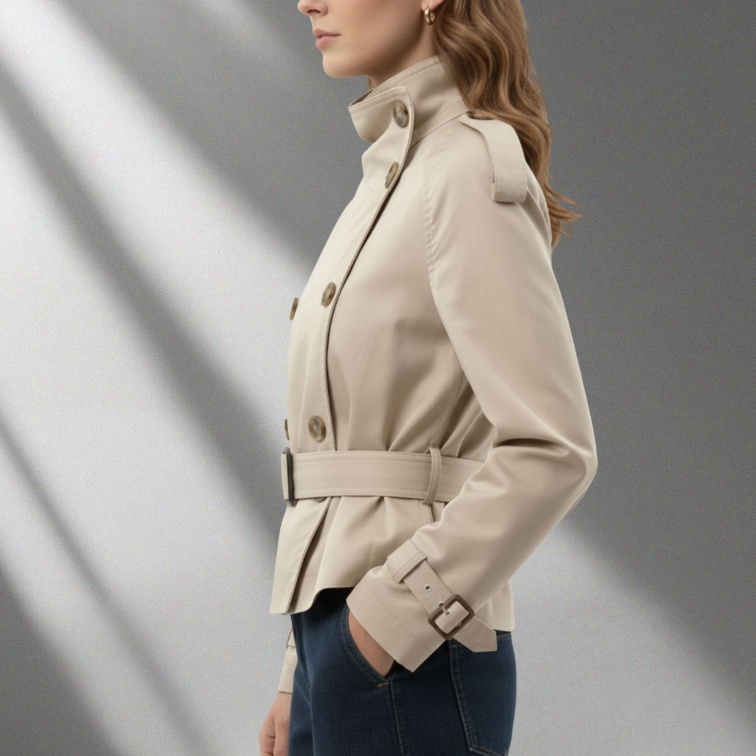 Khadija Women’s Trench Coat – High-Neck Belted Cotton Cropped Jacket