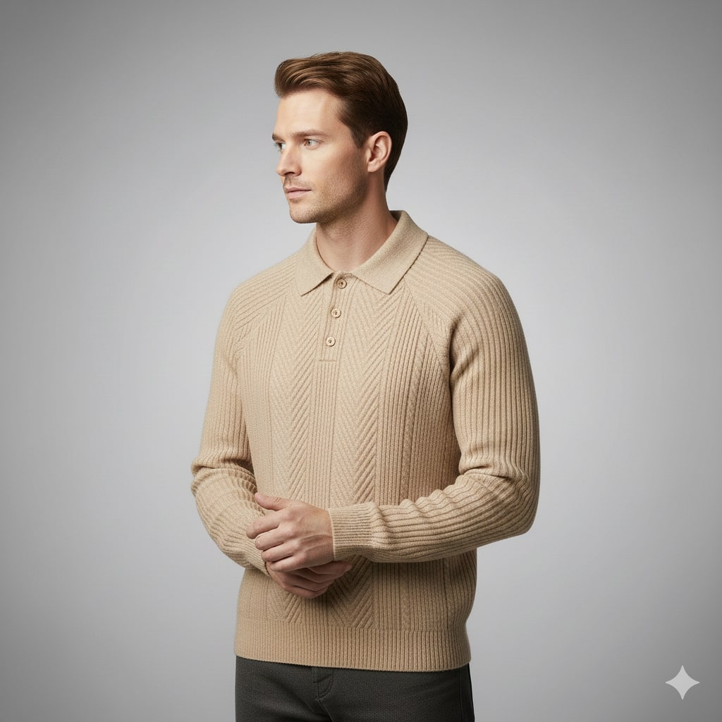 Ismael Men’s Knit Polo Sweater – Herringbone Texture with Structured Collar Pullover