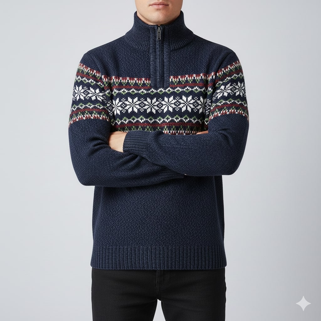 Victor Men's Christmas Sweater – Wool-Blend Knit Quarter-Zip Sweater with Seasonal Pattern