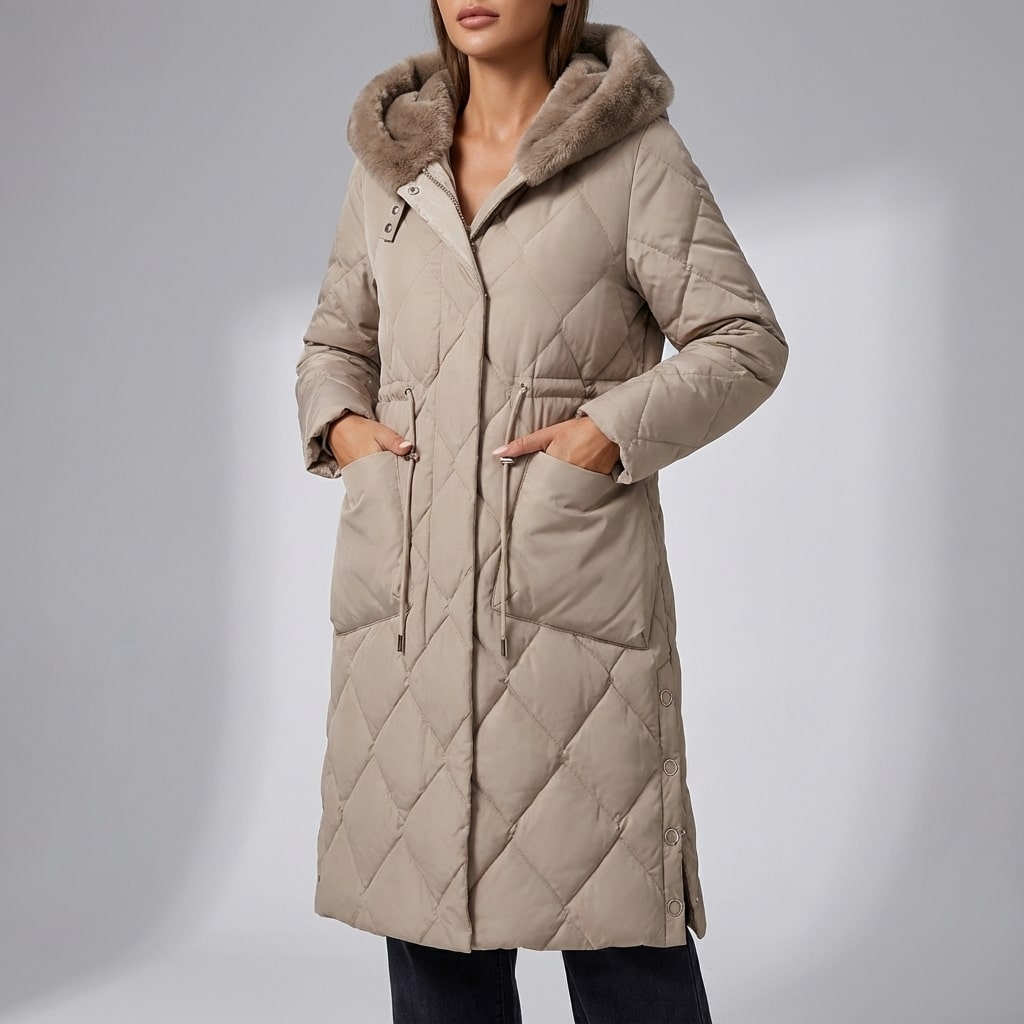 Paula Women's Winter Coat – Quilted Long Coat with Fur Collar & Adjustable Waist