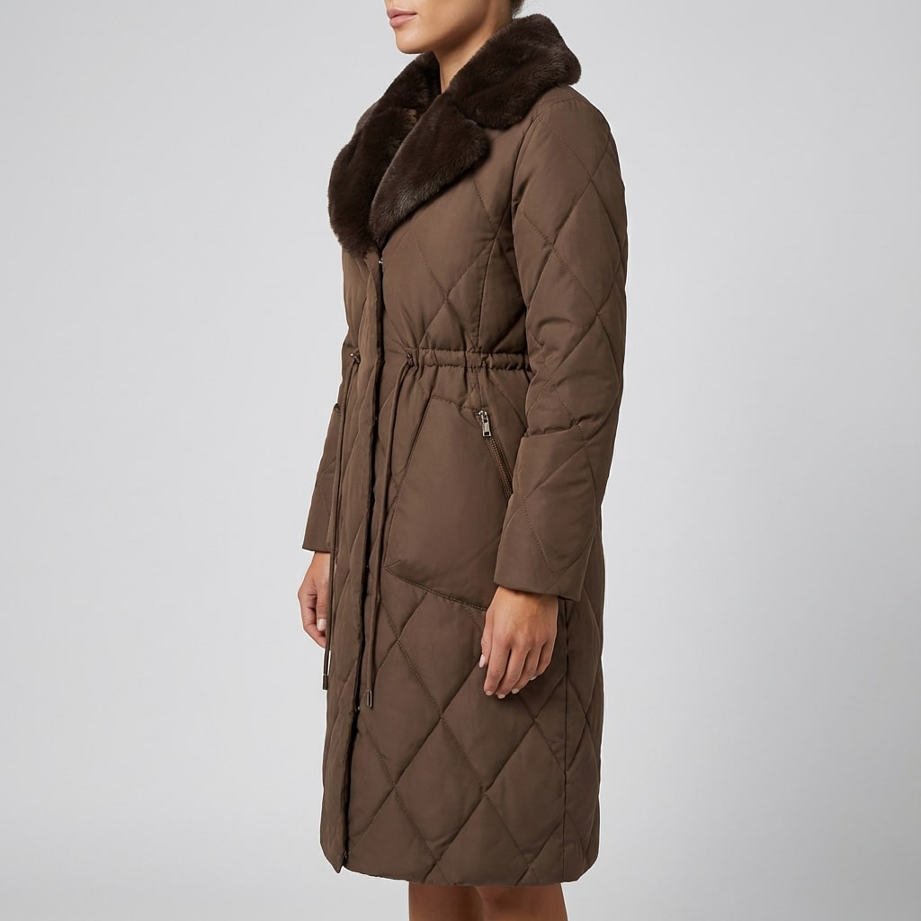Paula Women's Winter Coat – Quilted Long Coat with Fur Collar & Adjustable Waist
