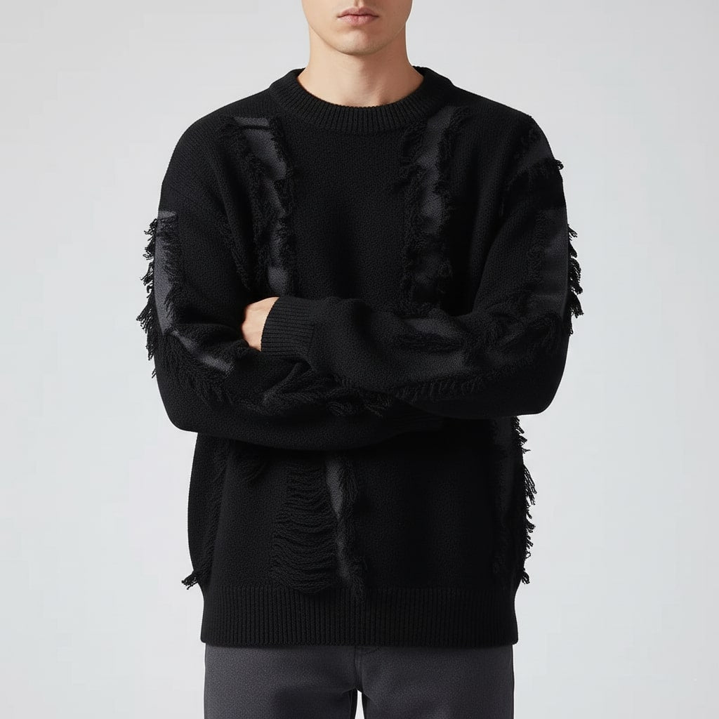 Viktor Distressed Men’s Sweater – Textured Knit Pullover with Edgy Frayed Detailing