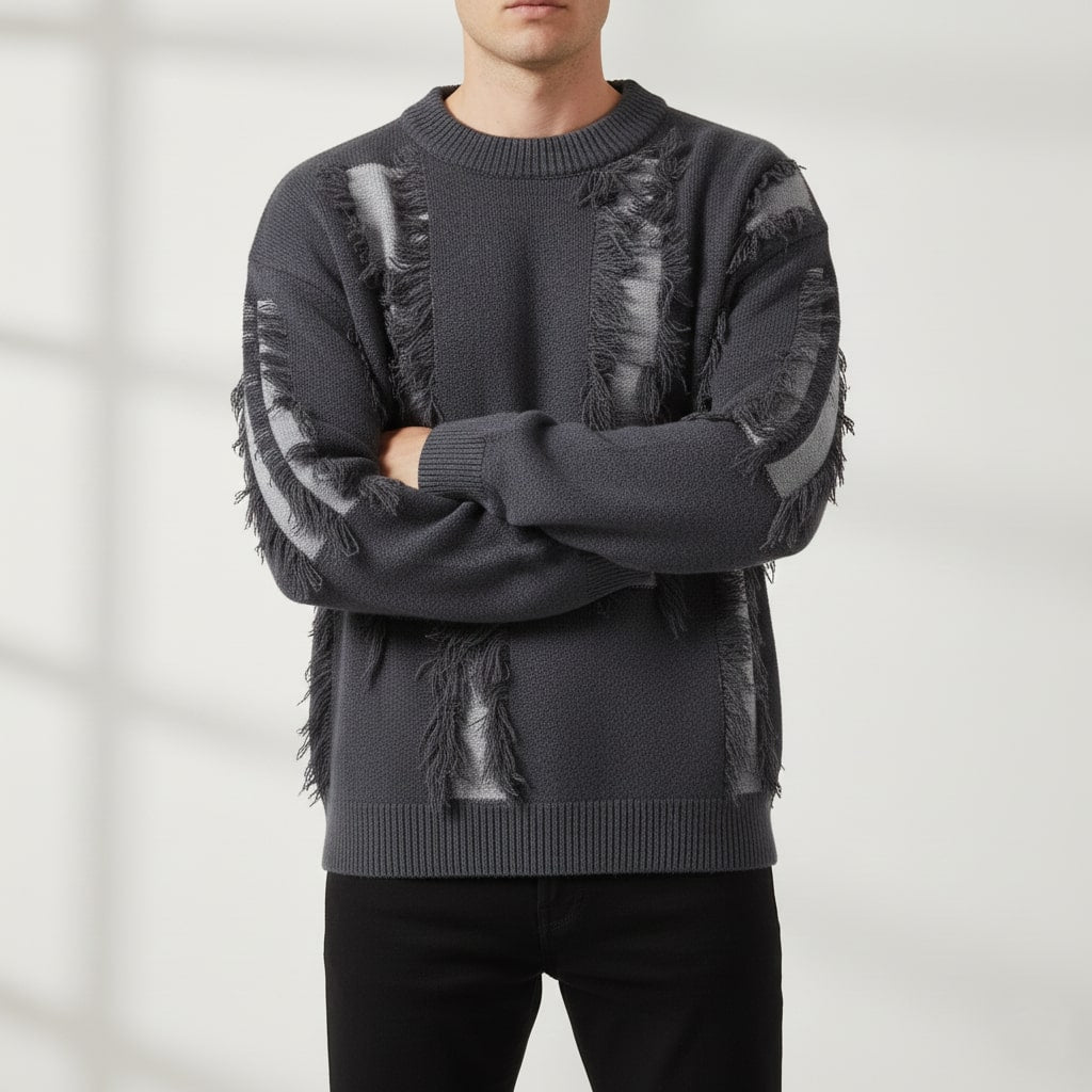 Viktor Distressed Men’s Sweater – Textured Knit Pullover with Edgy Frayed Detailing