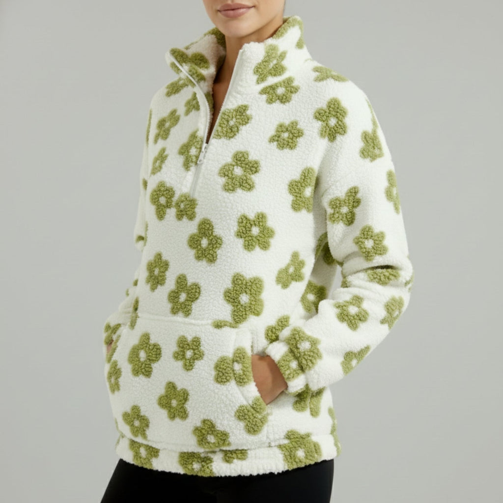 Dahlia Women's Fleece Pullover – Floral Soft Half-Zip Oversized Winter Pullover