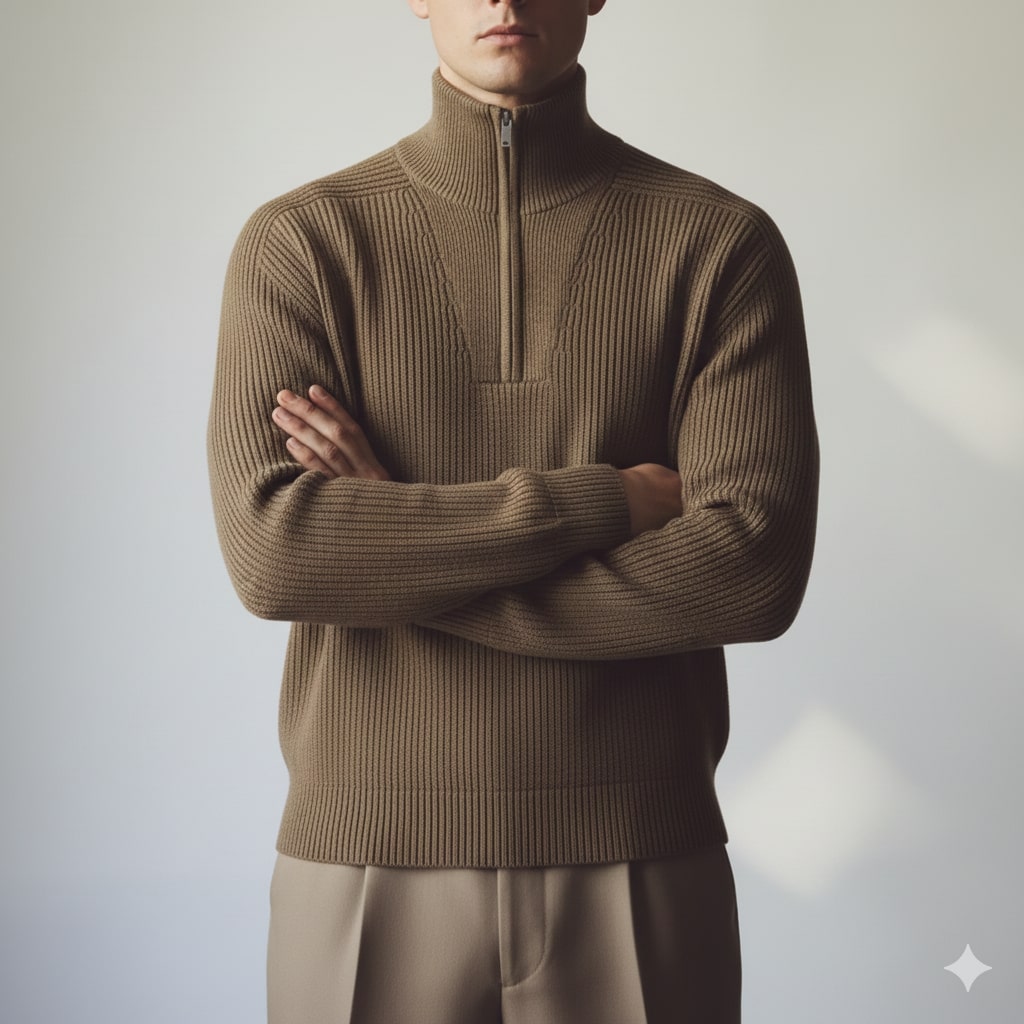 Rami Men’s Knitted Sweater – Half Zip Stand-Collar Pullover with Vintage Texture