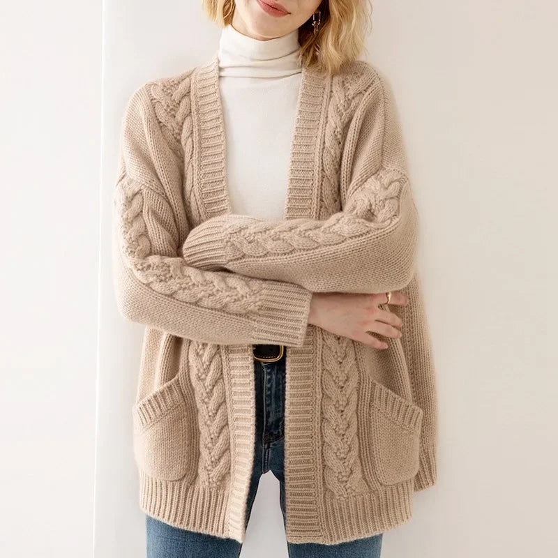 Isabella Women’s Cable Knit Cardigan – Chunky Cotton Knit with Oversized Relaxed Fit