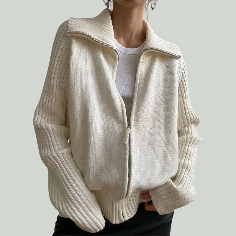 Klara Women’s Knit Cardigan – Zip-Through Sweater with Ribbed Collar