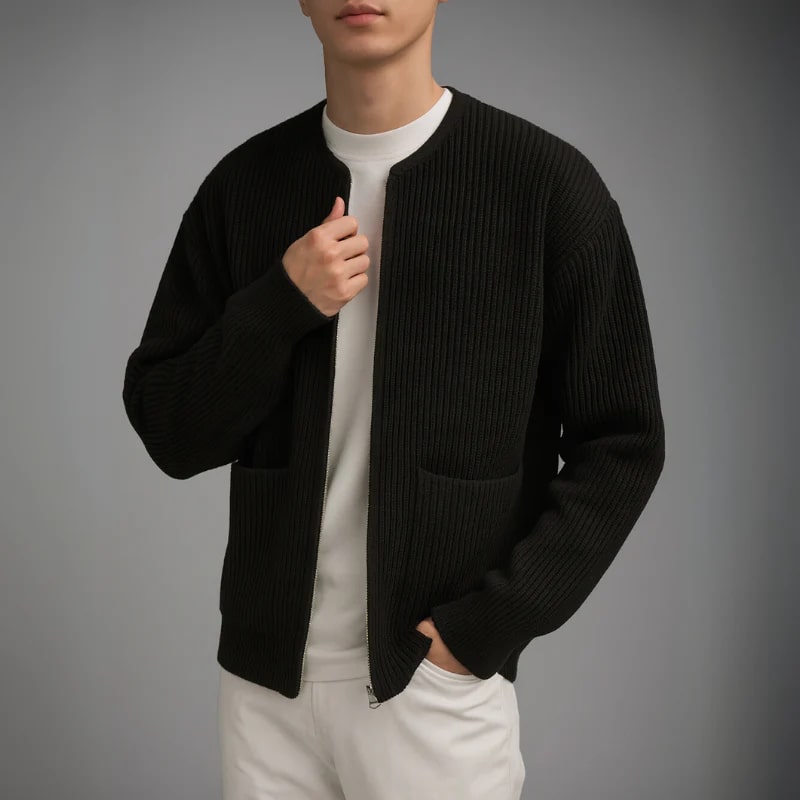 Jayden Men’s Knit Cardigan – Zip Up Sweater with Textured Knit & Patch Pockets