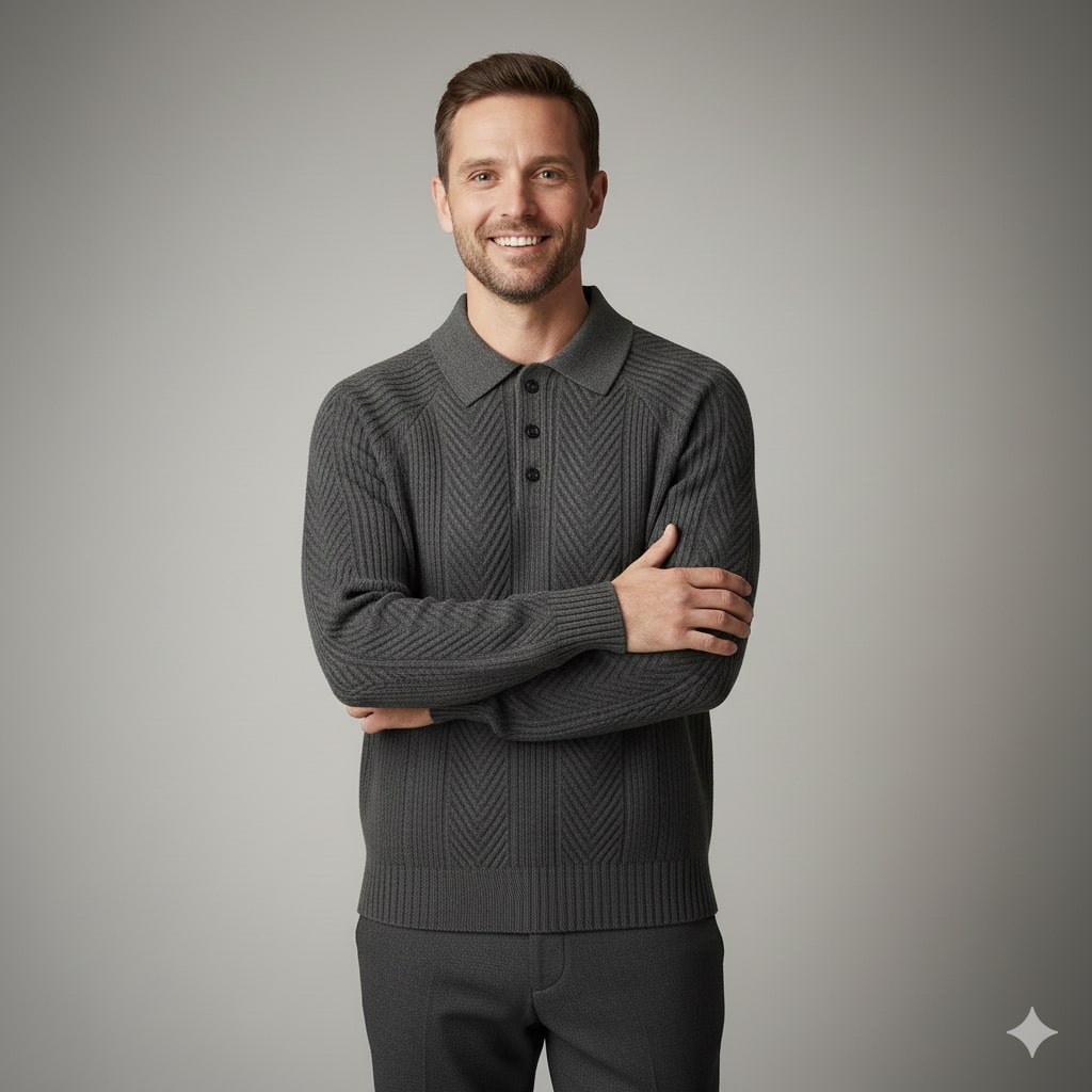 Ismael Men’s Knit Polo Sweater – Herringbone Texture with Structured Collar Pullover