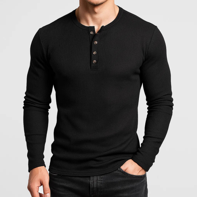 Mikhail Men’s Textured Long Sleeve Pullover – Waffle Knit Henley Pullover