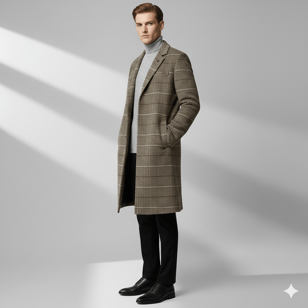 Asher Men’s Wool Coat – Windowpane Overcoat with Structured Mid-Length Design