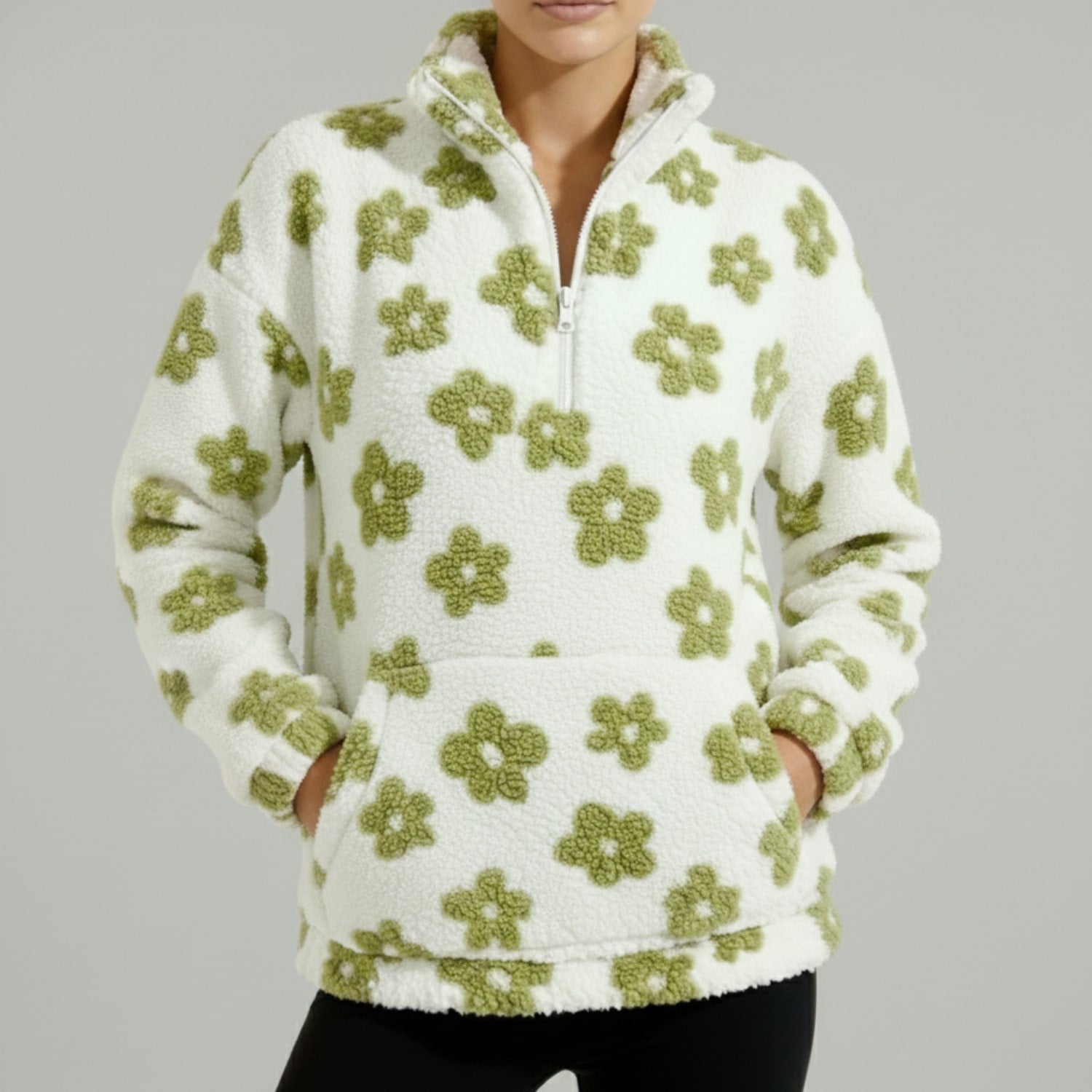 Dahlia Women's Fleece Pullover – Floral Soft Half-Zip Oversized Winter Pullover