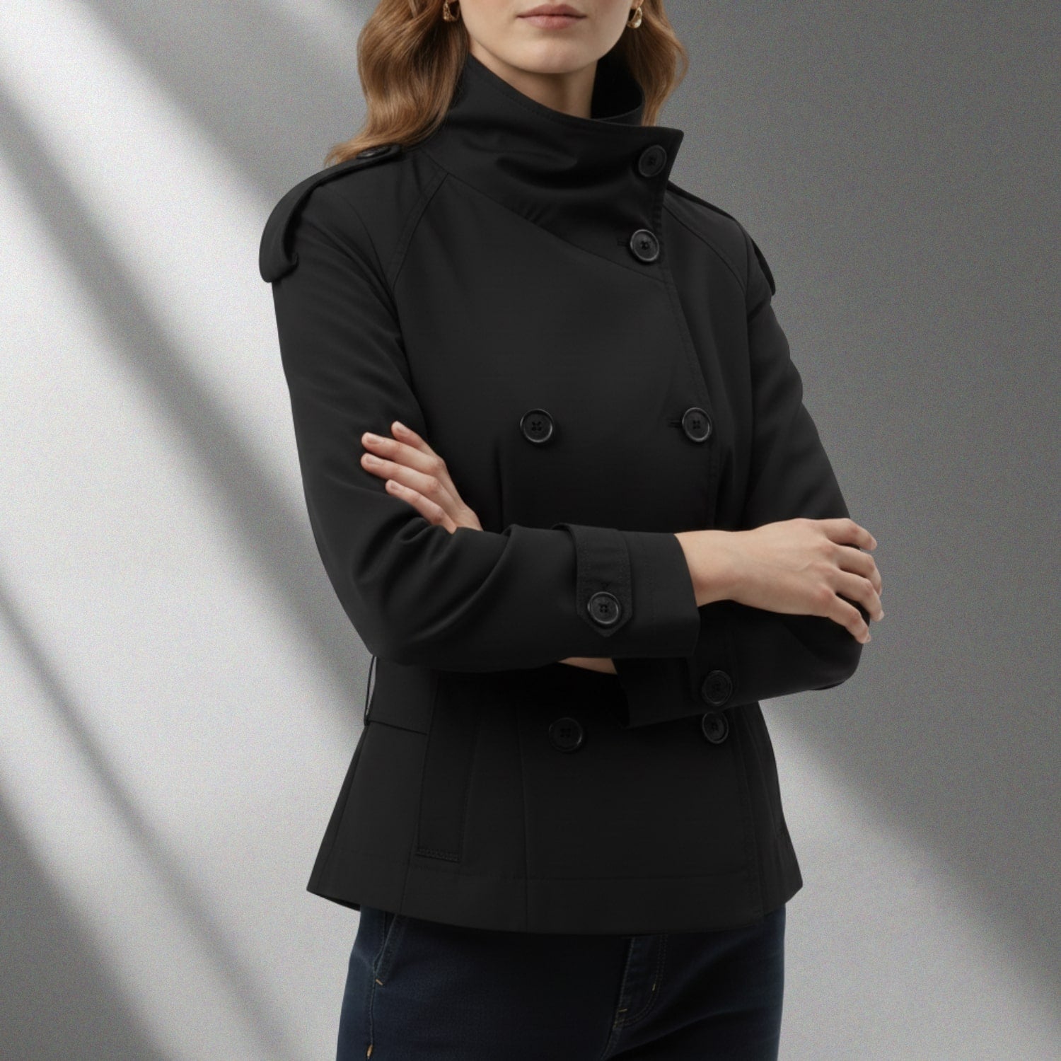 Khadija Women’s Trench Coat – High-Neck Belted Cotton Cropped Jacket