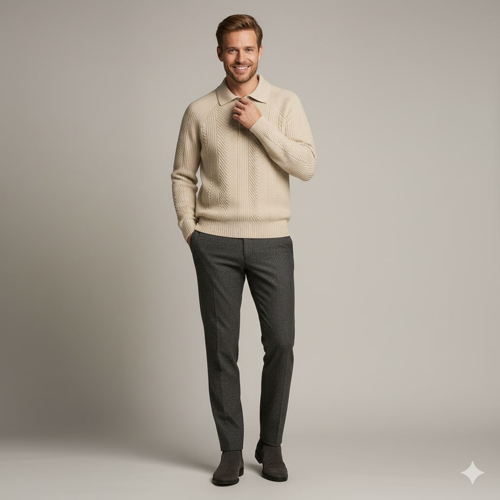 Ismael Men’s Knit Polo Sweater – Herringbone Texture with Structured Collar Pullover