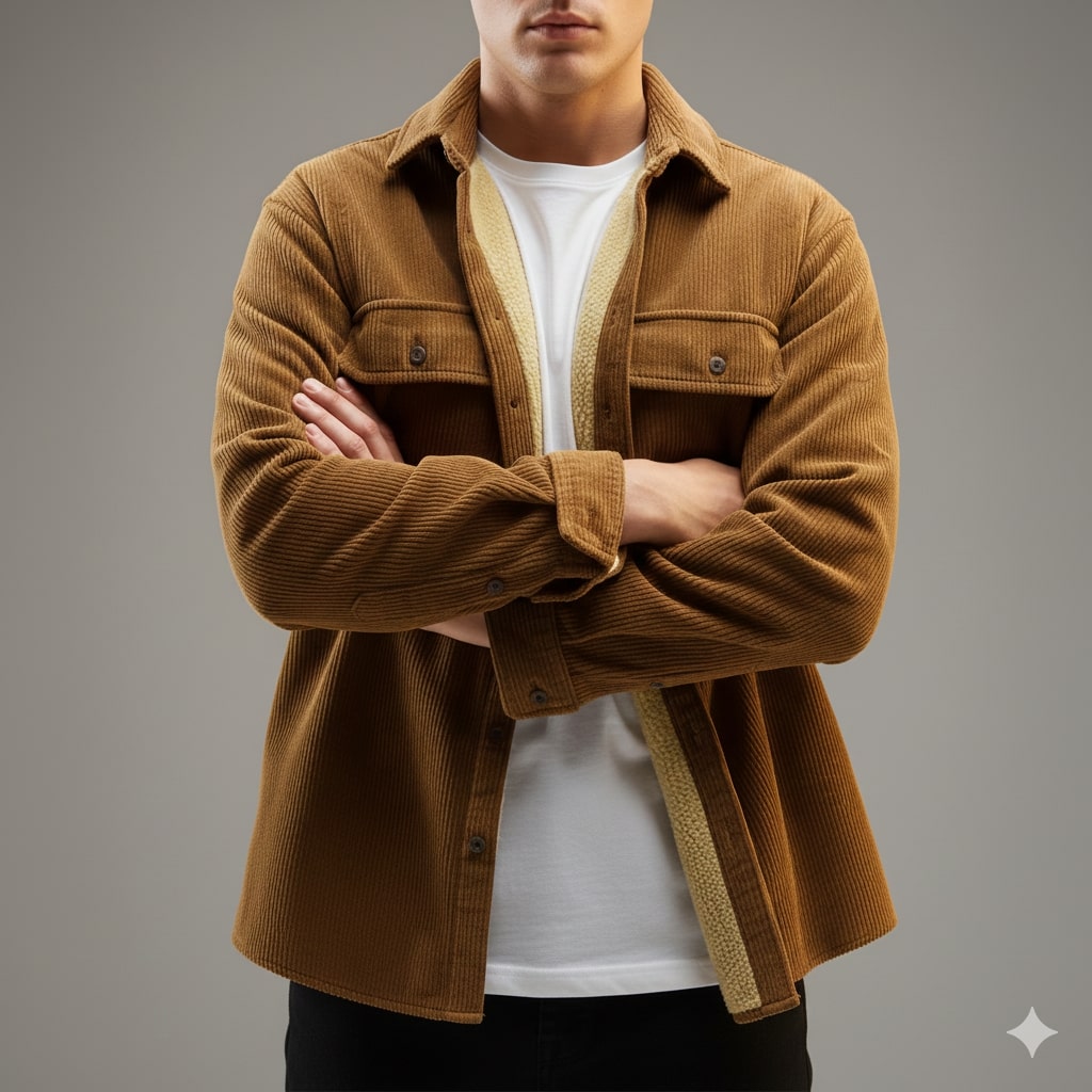 Roman Men’s Corduroy Shirt Jacket – Egyptian Cotton Sherpa-Lined Outerwear for Cold Weather