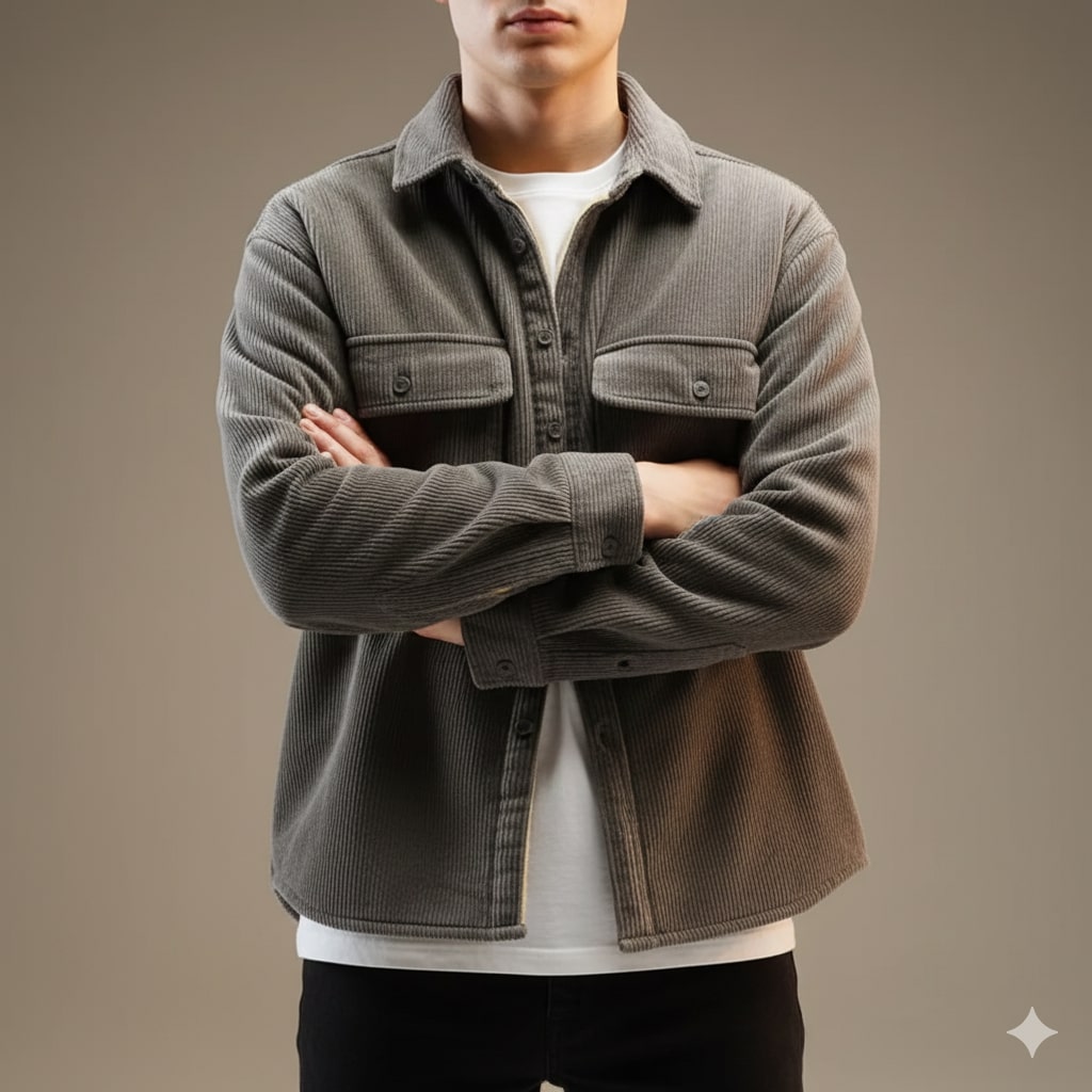 Roman Men’s Corduroy Shirt Jacket – Egyptian Cotton Sherpa-Lined Outerwear for Cold Weather