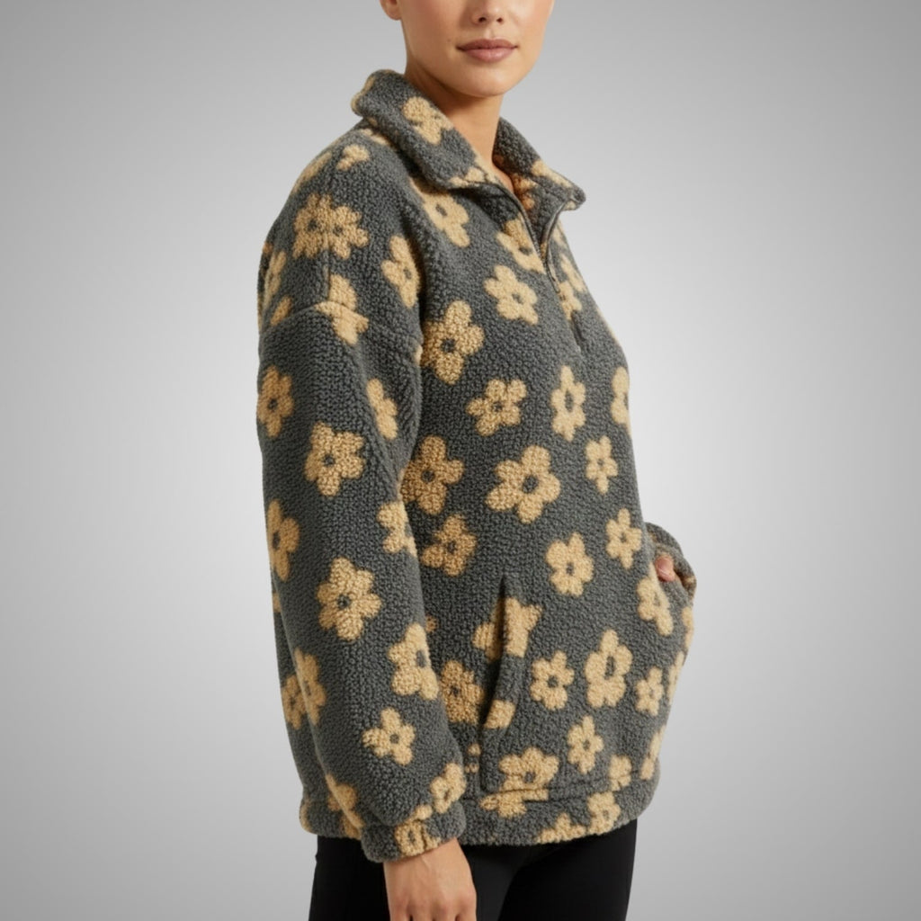 Dahlia Women's Fleece Pullover – Floral Soft Half-Zip Oversized Winter Pullover