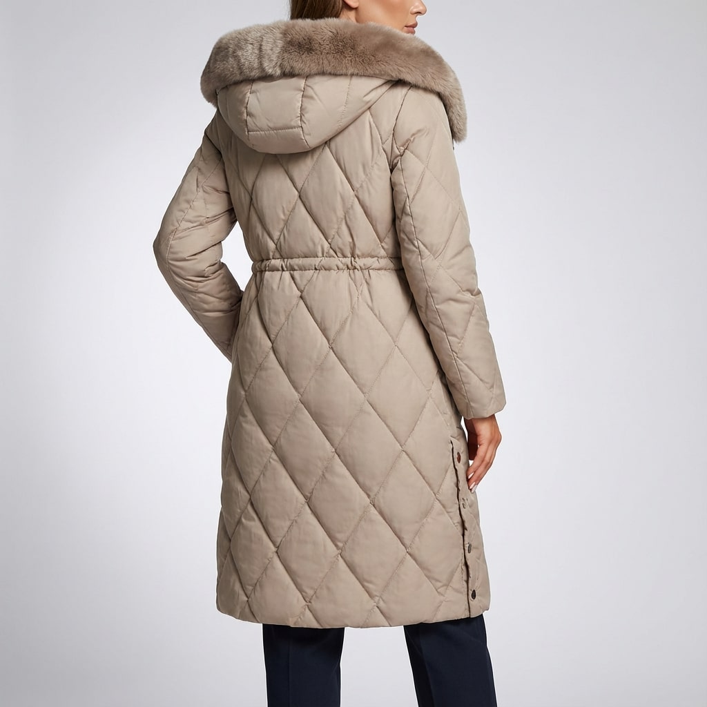 Paula Women's Winter Coat – Quilted Long Coat with Fur Collar & Adjustable Waist