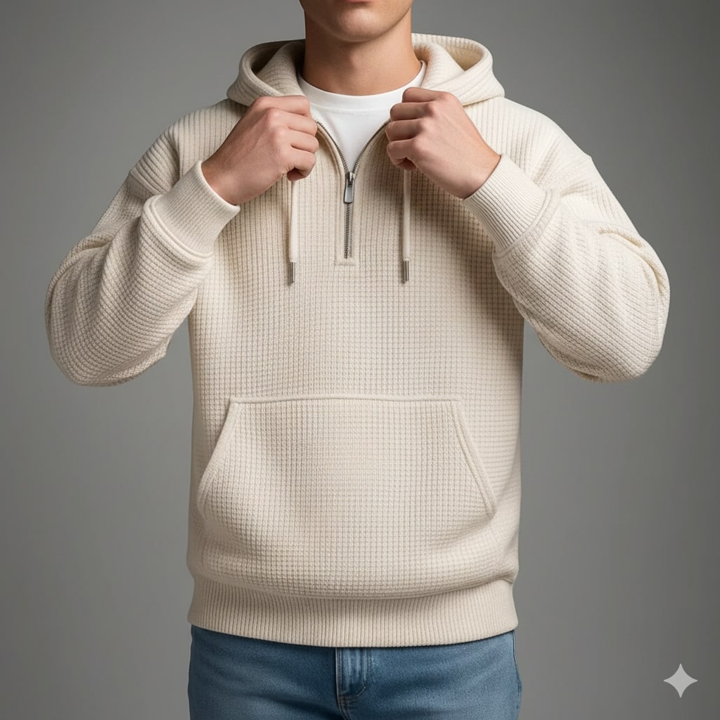 Samuel Men’s Waffle Hoodie – Soft Waffle-Knit Half-Zip Sweater for Casual Layering