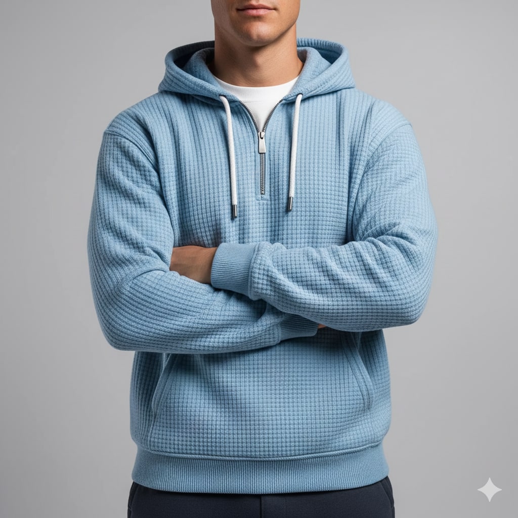 Samuel Men’s Waffle Hoodie – Soft Waffle-Knit Half-Zip Sweater for Casual Layering