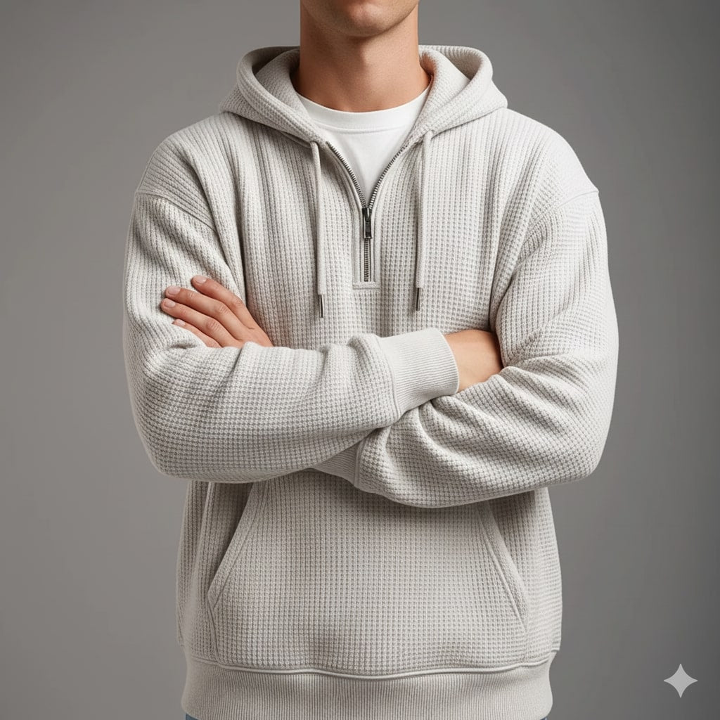 Samuel Men’s Waffle Hoodie – Soft Waffle-Knit Half-Zip Sweater for Casual Layering