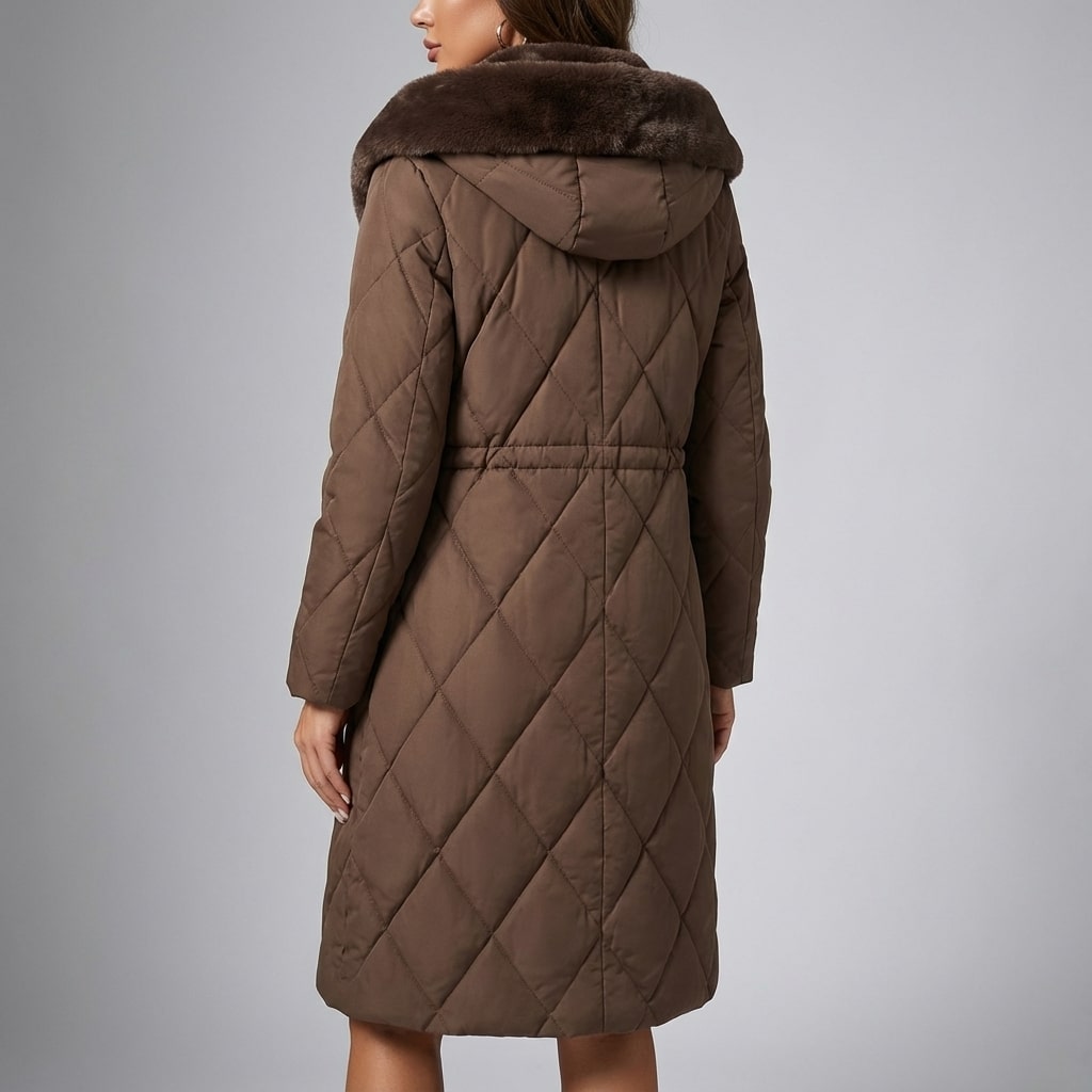 Paula Women's Winter Coat – Quilted Long Coat with Fur Collar & Adjustable Waist