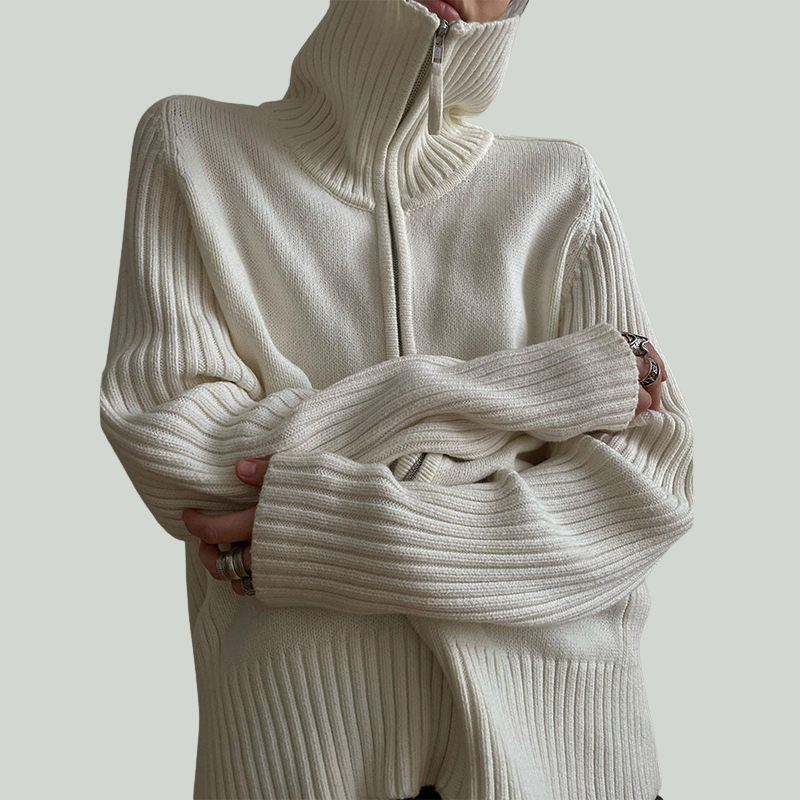 Klara Women’s Knit Cardigan – Zip-Through Sweater with Ribbed Collar