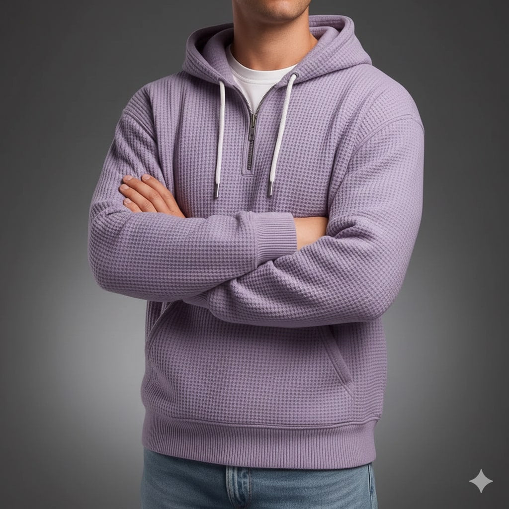 Samuel Men’s Waffle Hoodie – Soft Waffle-Knit Half-Zip Sweater for Casual Layering