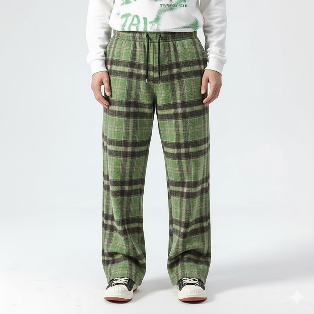Youssef Men’s Sweatpants – Plaid Soft Brushed Cotton Wide-Leg Trousers