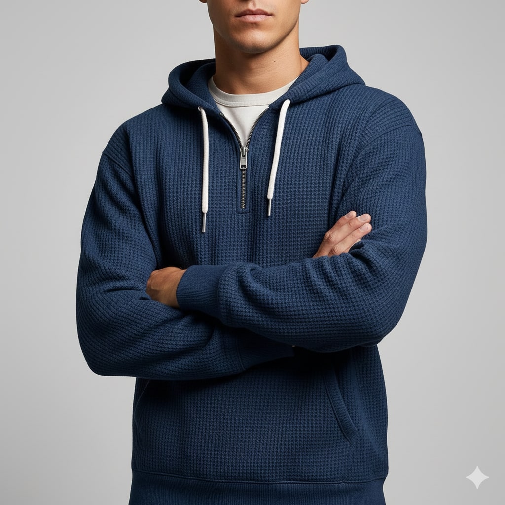 Samuel Men’s Waffle Hoodie – Soft Waffle-Knit Half-Zip Sweater for Casual Layering